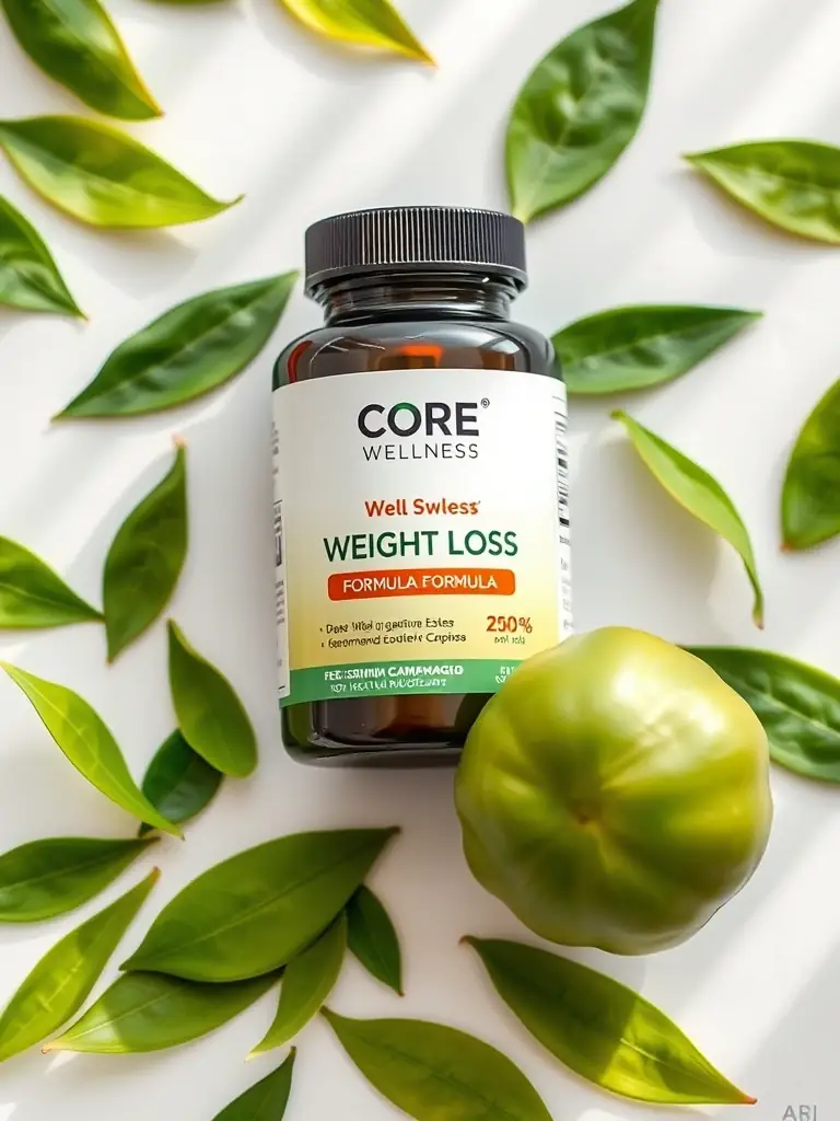 A vibrant image of Core Wellness Weight Loss Formula, showcasing key natural ingredients like green tea extract and Garcinia Cambogia, emphasizing their role in boosting metabolism and reducing appetite.