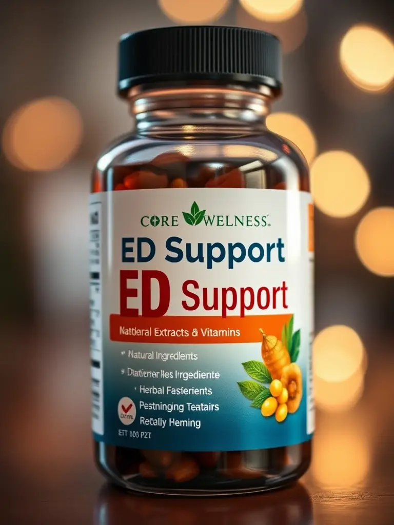 A close-up shot of a bottle of Core Wellness ED Support, highlighting the natural ingredients listed on the label, such as herbal extracts and vitamins known for their benefits in supporting erectile health.