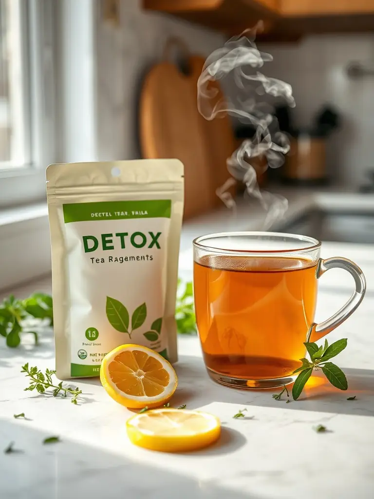 A soothing image of Core Wellness Detox Tea, showcasing natural herbs and botanicals such as dandelion root and ginger, emphasizing their cleansing and revitalizing benefits for overall health.